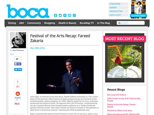 screenshot of boca mag article on Fereed Zakaria