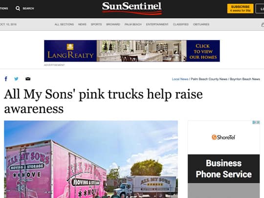 Sun Sentinel article of All My Sons Moving company
