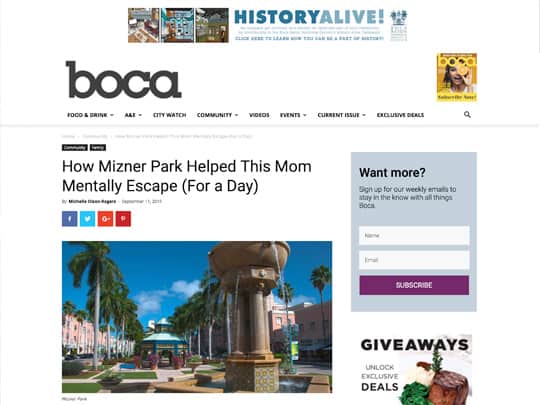 Polin PR placement bocamag.com for Mizner Park, City of Boca Raton