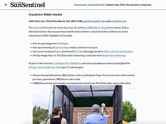 screenshot pr placement in Sun-Sentinel for The Warehouse District by Polin PR